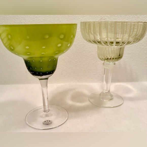 2 unique margarita glasses.  12oz Yellow / green swirl and polka dots. . - Picture 1 of 15